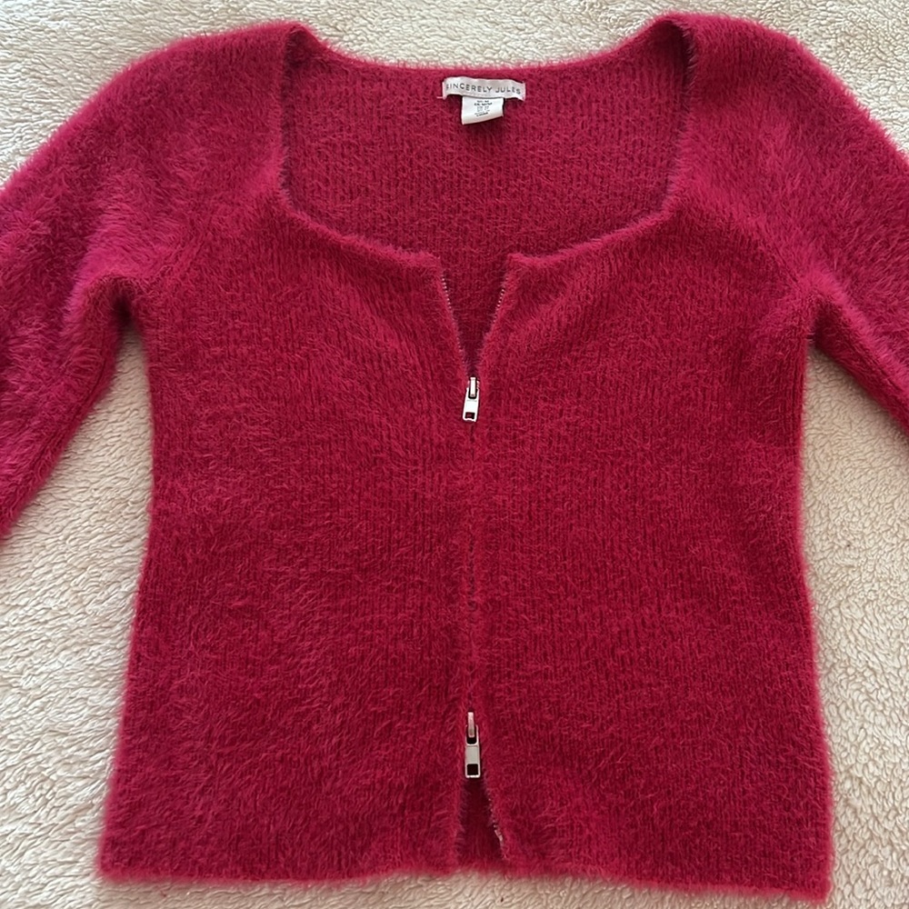 Sincerly Jules Fuzzy Raspberry Zip-Front Cardigan - Picture 2 of 8